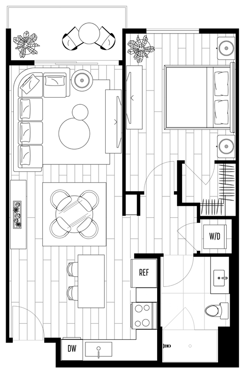 A black and white floor plan of an apartment with labeled rooms.